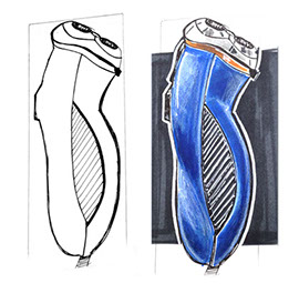 Electric razor line drawing, left, and marker rendering on right