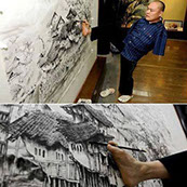 man with no arms drawing large scale image using his feet