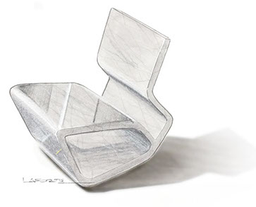 sketch-rendering by Michael LaForte of a white marble chair design by Marc Newson, 